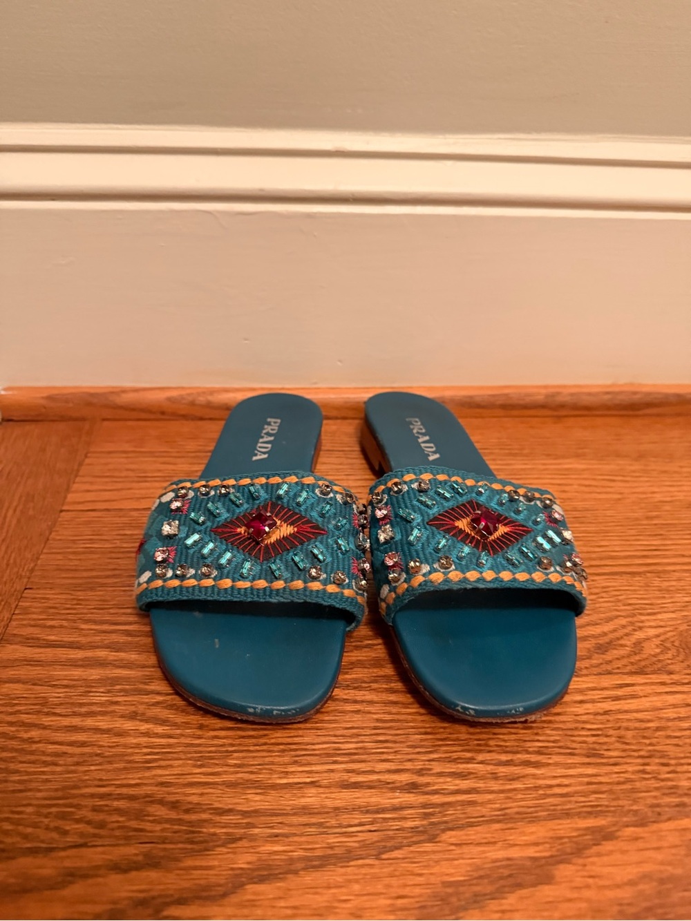 Prada Teal Beaded Slide Sandals